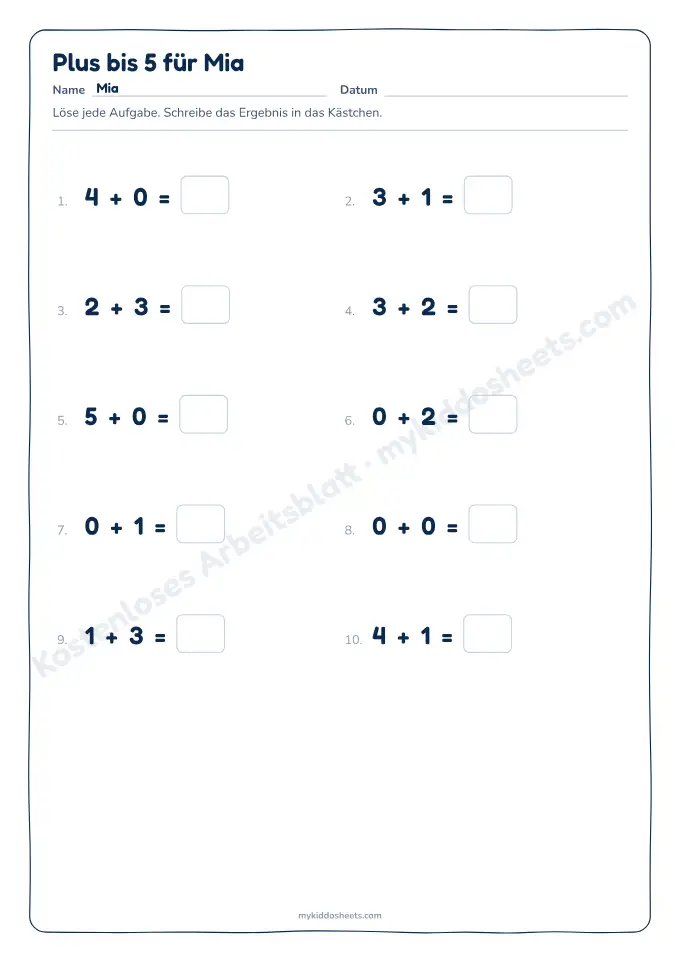 Vorschau Arbeitsblatt Addition