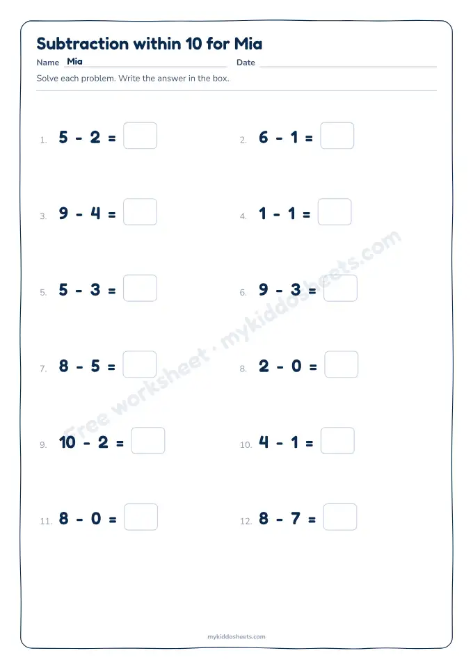 Subtraction worksheet preview