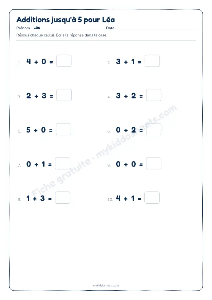 Aperçu de la fiche Addition