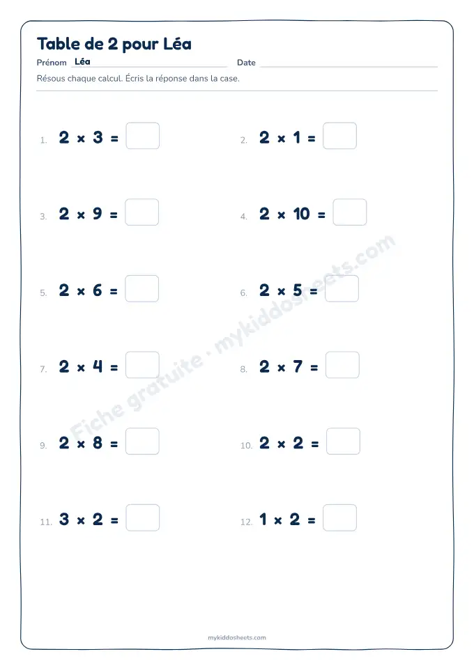 Aperçu de la fiche Tables de multiplication