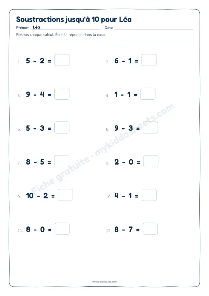 Aperçu de la fiche Soustraction